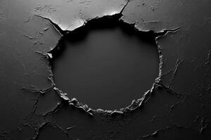 Broken black wall creating a circular hole revealing darkness photo