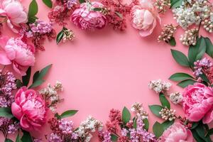 Pink peonies and lilac flowers creating a frame on pink background photo