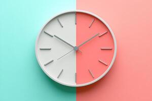 Modern clock showing time passing on two-toned background photo