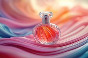 Perfume bottle sitting on luxurious silk fabric in warm light photo