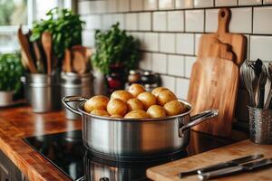 Fresh potatoes boiling in pot on kitchen countertop with parsley and seasonings photo
