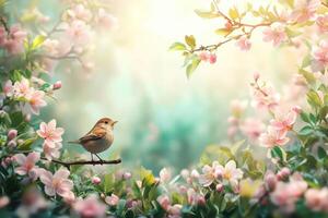 Bird sitting on a branch enjoying the spring flowers photo