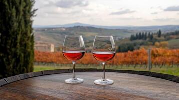 Two glasses of red wine resting on a wooden table in a vineyard during autumn harvest photo