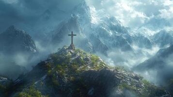 Large wooden cross standing on a mountain peak overlooking misty valley photo