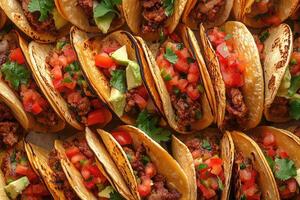 Delicious crunchy tacos with cilantro, tomatoes, onions, and avocado filling a table photo
