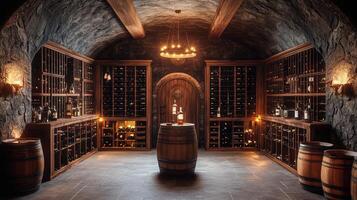 Large wine cellar with many wine bottles aging in a traditional environment photo
