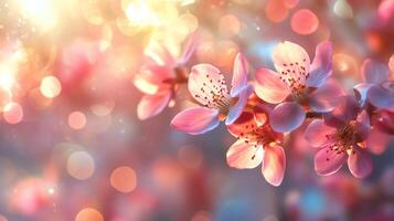 Blooming pink flowers on branch with sunlight and bokeh effect creating dreamlike atmosphere photo