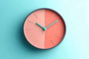 Modern clock showing time passing on two-toned background photo