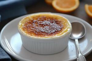 Delicious creamy dessert served on a plate with a spoon and orange slices photo