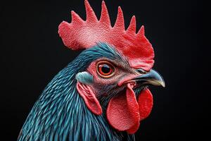 Portrait of a rooster showing colorful plumage and comb on black background photo