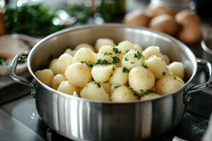 Young potatoes with thyme and spices in a pot, ready to be served photo