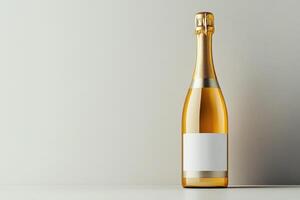 Champagne bottle with blank label standing on table against neutral background photo