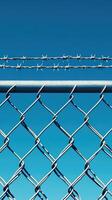 Barbed wire and chain link fence creating a secure perimeter against blue sky photo