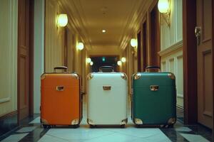 Three colorful suitcases waiting in hotel corridor for tourists arriving on vacation photo