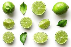 Fresh limes and slices with leaves arranged on white background photo