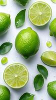 Fresh limes with leaves creating a vibrant citrus pattern photo