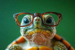 Smart turtle wearing eyeglasses on green background photo