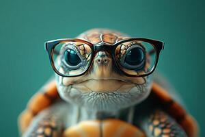 Smart turtle wearing stylish eyeglasses on green background photo
