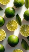 Fresh limes and lime slices with leaves creating a vibrant pattern on white background photo