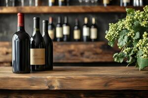 Wine bottles and grapes resting on rustic wooden table in winery setting photo