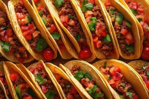Delicious crunchy tacos with cilantro, tomatoes, onions, and avocado filling a table photo