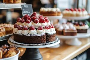 Delicious chocolate raspberry cake displayed on cake stand in bakery window photo