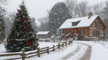 Log cabin covered in snow with christmas tree and decorations during a snowfall photo