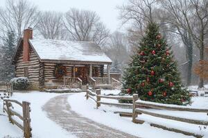 Log cabin covered in snow with christmas tree and decorations during a snowfall photo
