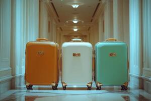 Three suitcases waiting in elegant hotel lobby ready for vacation photo