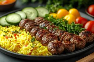 Kofta kebabs served with saffron rice and fresh vegetables, creating a vibrant middle eastern feast photo
