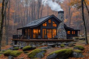 Cozy modern cabin nestled in autumn forest emitting smoke from chimney photo