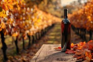 Bottle of red wine sitting on rustic table in vineyard during fall harvest season photo