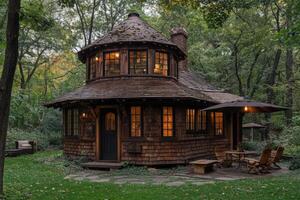 Cozy round wooden house illuminated at twilight in a lush forest photo