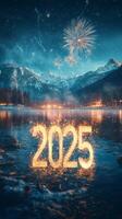 Fireworks exploding over snowy mountain lake celebrating new year 2025 photo