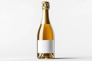 Champagne bottle with blank label standing on table against neutral background photo