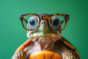 Smart turtle wearing eyeglasses on a green background photo