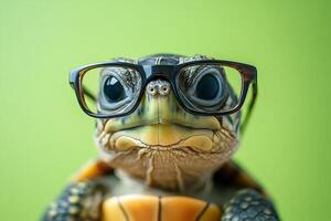Smart turtle wearing eyeglasses on a green background photo