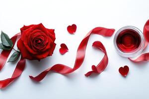Red rose, ribbon, wine and hearts creating romantic atmosphere on white background photo
