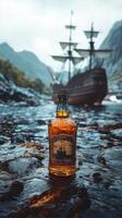 Bottle of rum resting on rocks with galleon in the background photo