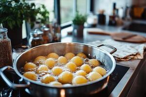 Potatoes boiling in metal pot on induction stove in modern kitchen photo