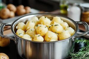 Young potatoes with thyme and spices in a pot, ready to be served photo