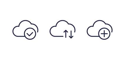 add to cloud, upload line icons on white vector