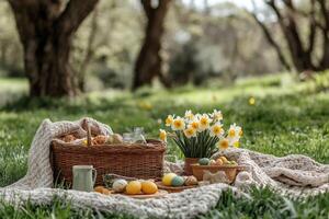 Easter picnic celebrating spring with daffodils, food, and colorful eggs in nature photo