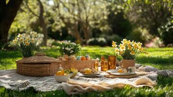 Easter picnic celebrating spring with colorful eggs and daffodils in sunny garden photo
