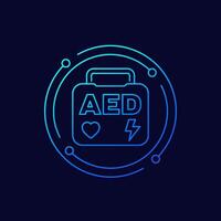 AED icon, automated external defibrillator bag, linear design vector
