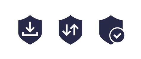 Secure download, upload icons with shields vector