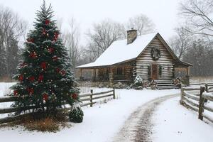 Log cabin covered in snow with christmas tree and decorations during a snowfall photo