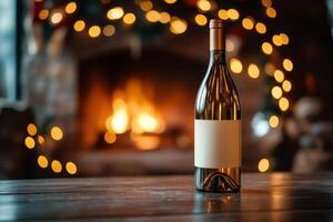 Wine bottle resting on table with fireplace and christmas lights in background photo