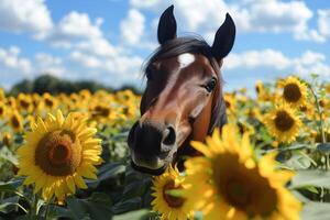 Curious horse exploring sunflower field on sunny day photo