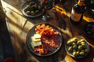 Wine, cheese and salami creating a delicious mediterranean aperitif on a wooden table photo